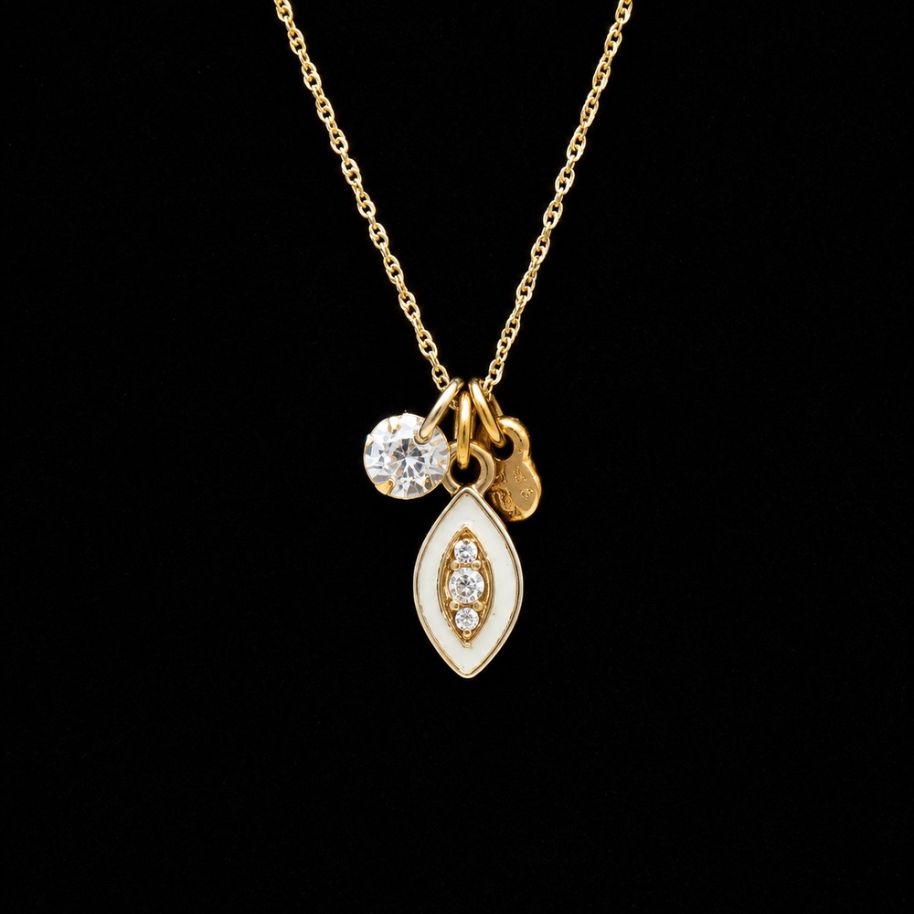 Sequin Gold Tone Charm Necklace White Enamel Crystal Pendant Adjustable 16-19"